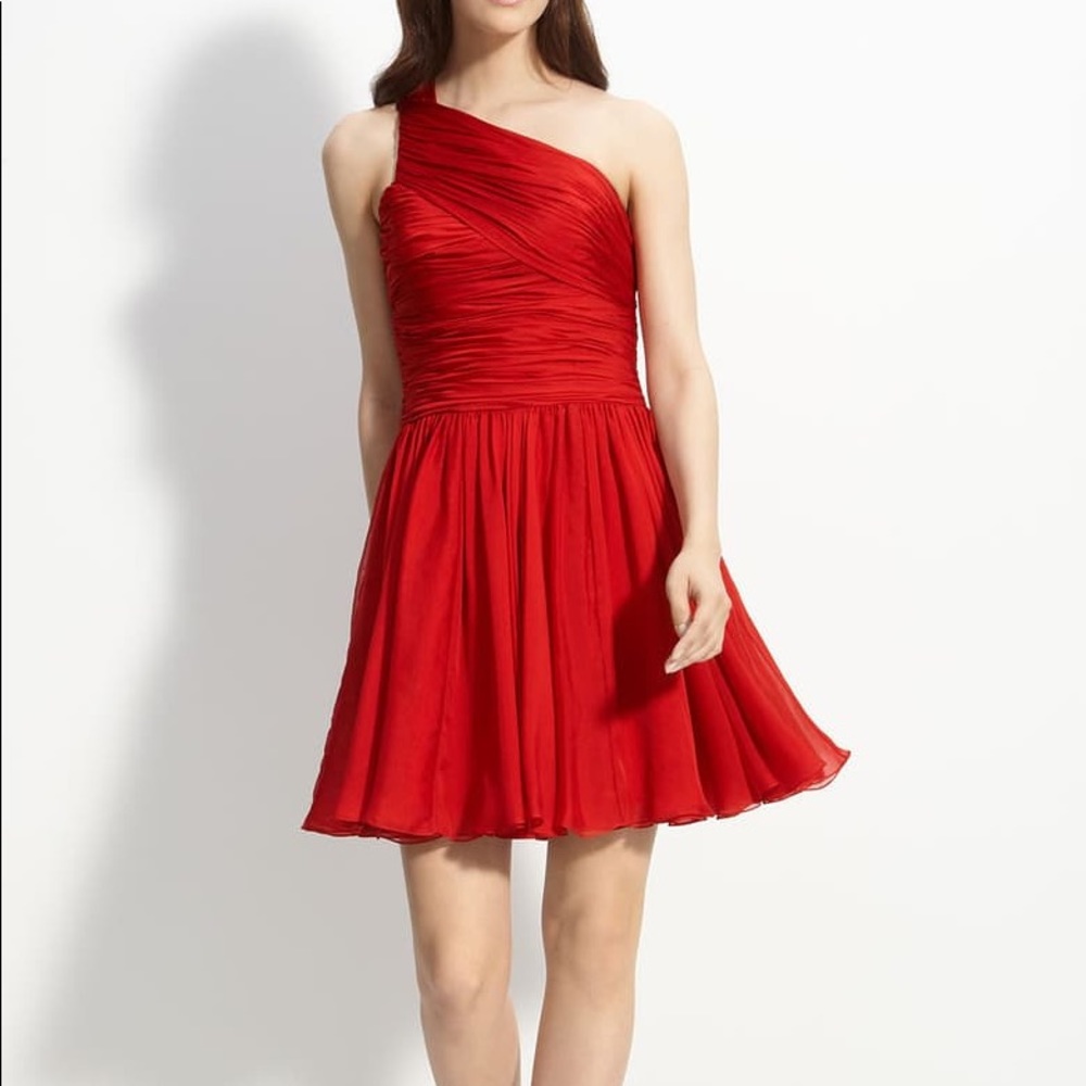 HALSTON HERITAGE silk one shoulder red dress
